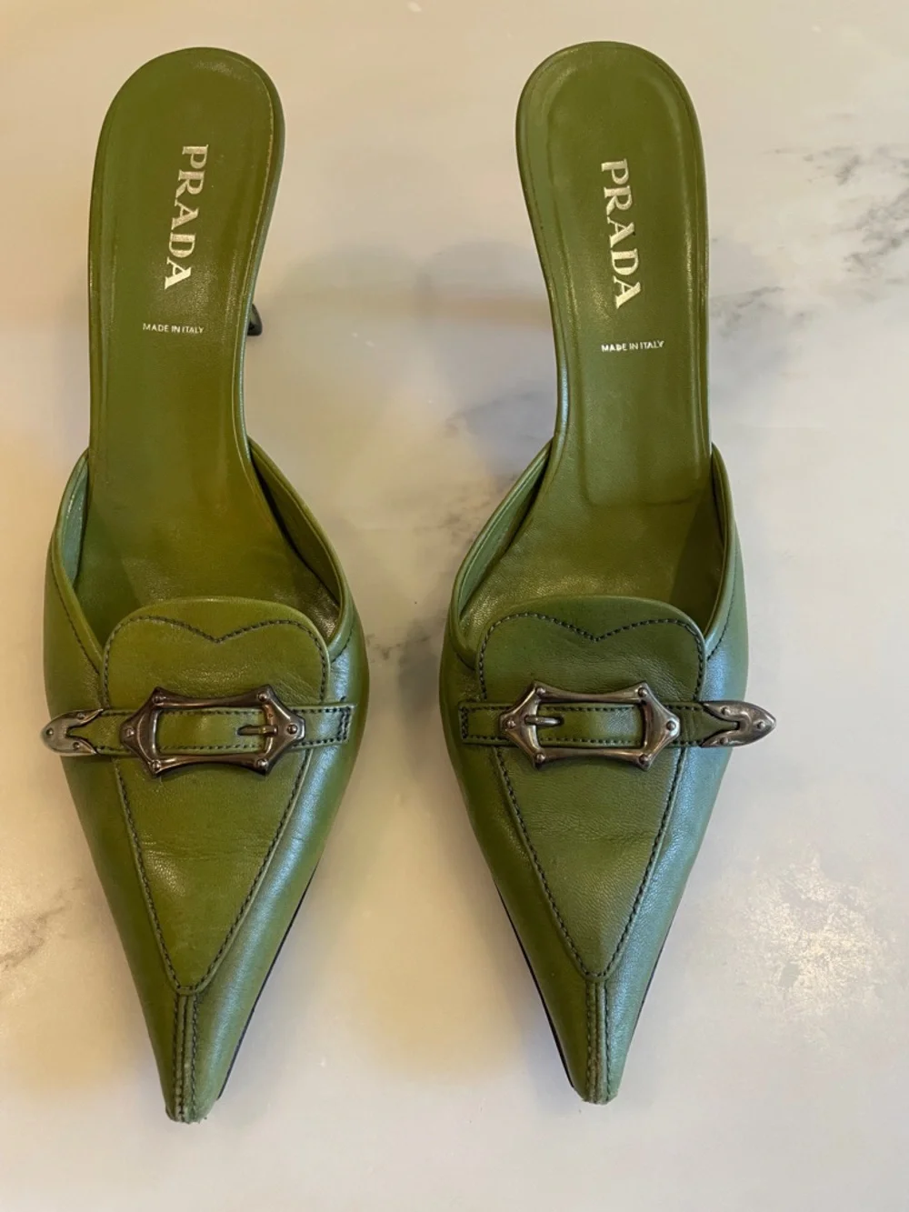Vintage Prada Green Leather Pointed Kitten Heel Mules, Size 40 - Picture 2 of 14